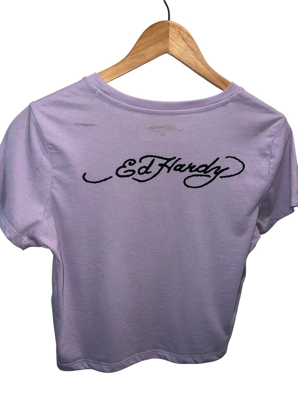 Ed Hardy Lavender Cropped Graphic Tee Swallow Bird Tattoo Y2K Women’s XL - Picture 5 of 6